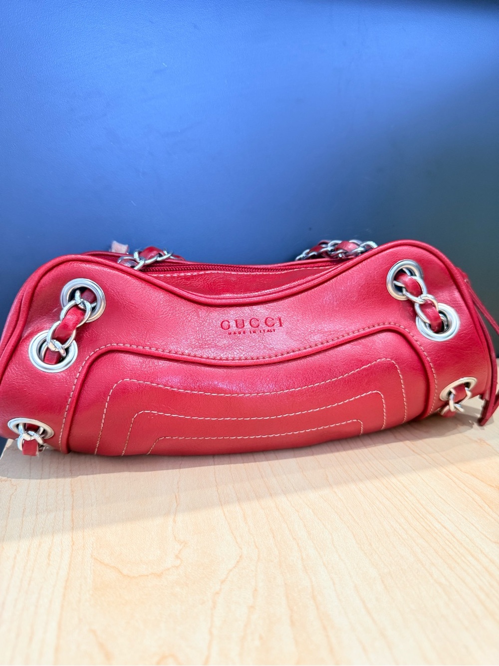 Gucci Red Leather Mini Shoulder Bag with Chain Accents